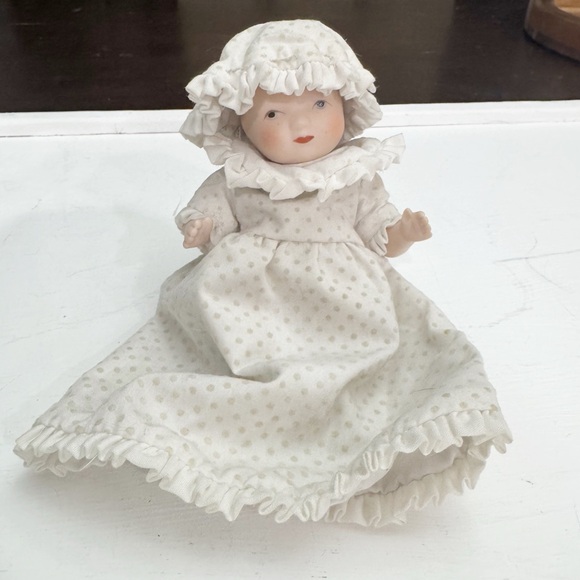 Vintage Other - Vintage Jointed Bisque Baby Doll with Handmade Bonnet and Clothes Made in Taiwan